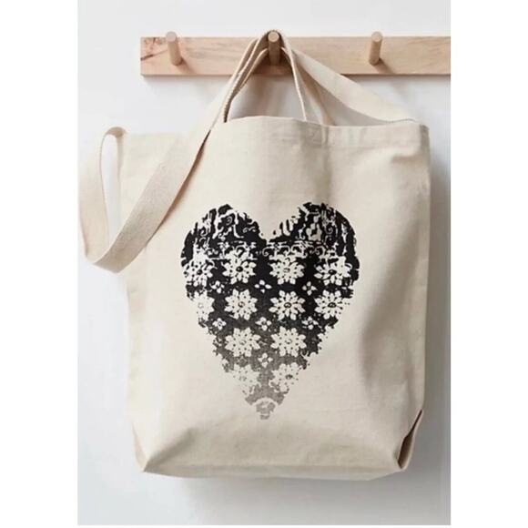 Free People Handbags - Free People Canvas Going Places HEART Tote Shoulder Bag Black White NWOT KS